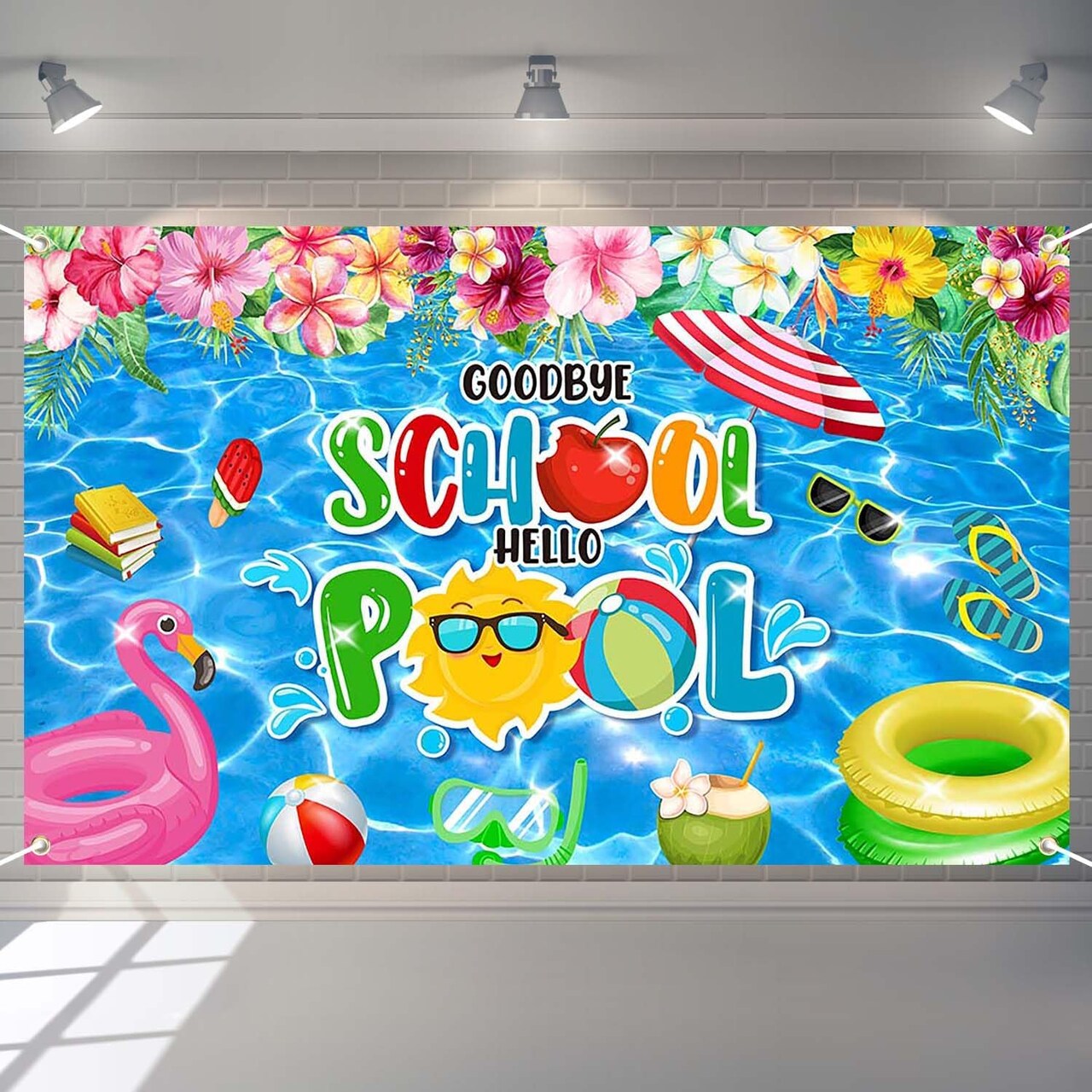 Goodbye School Hello Pool Banner Summer Pool Splish Splash Tropical Floral Backdrop End of School Year Party Decorations Banner Photo Booth Props